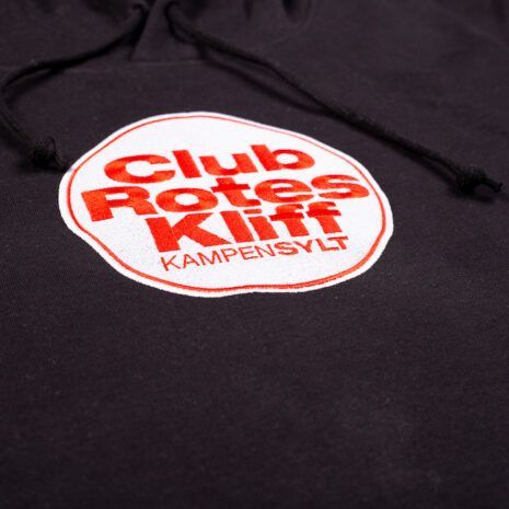 Stylischer schwarzer Hoodie des Club Rotes Kliff in Kampen mit CRK-Logo Stylischer schwarzer Hoodie des Club Rotes Kliff in Kampen mit CRK-Logo